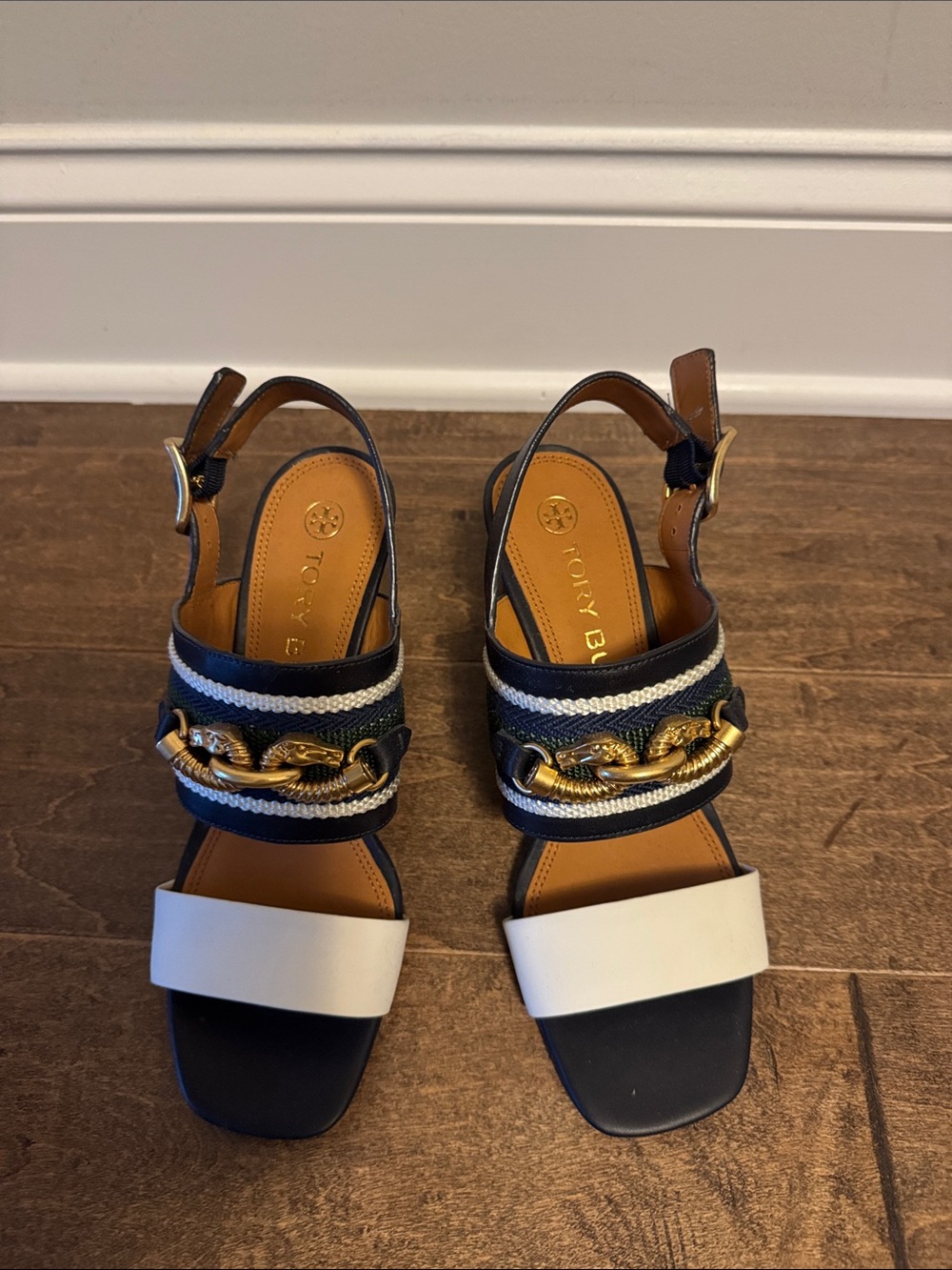 Tory Burch Jessa Block Heel Perfect Navy, Banyan Green,  Ivory  Sandals